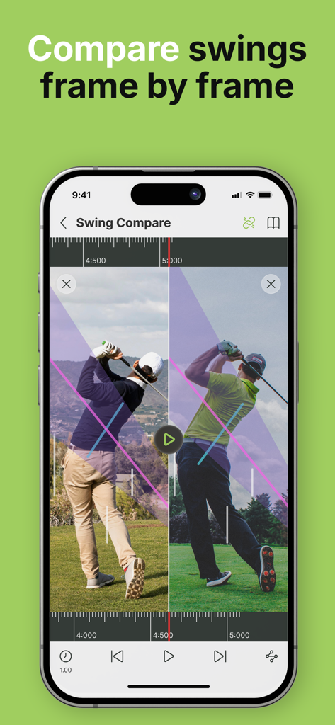 Swing TuneUp: AI Golf Analyzer - Ein nebeneinanderliegender Frame-by-Frame-Vergleich zweier Golfschwünge zur technischen Analyse.