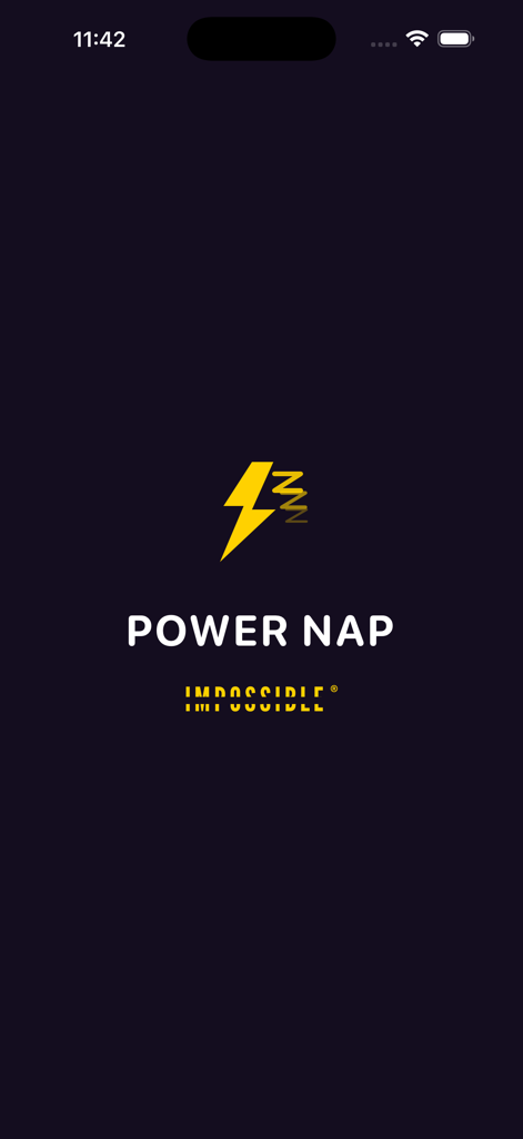 Power Nap - IMPOSSIBLE ® - Power Nap Impossibleアプリのスプラッシュスクリーン。暗い背景に黄色の稲妻と睡眠のアイコンが特徴です。