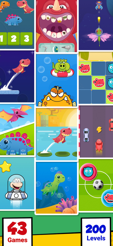 Dinosaur games for kids 3-8 - A collage showing various dinosaur themed educational mini games for kids including counting racing and puzzles.