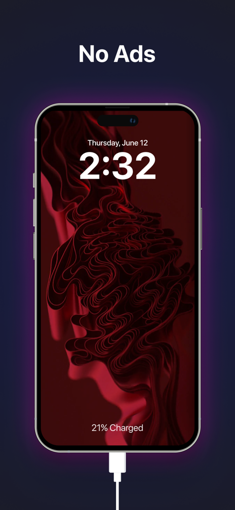 An iPhone displaying a vibrant red wavy charging animation on the lock screen with text reading No Ads
