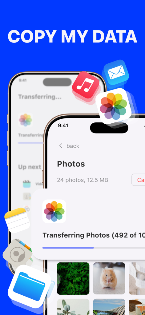 Copy My Data - Mobile Transfer - iPhoneで写真転送中のCopy My Dataアプリのスクリーンショット。浮遊するデータカテゴリアイコンが表示されている。