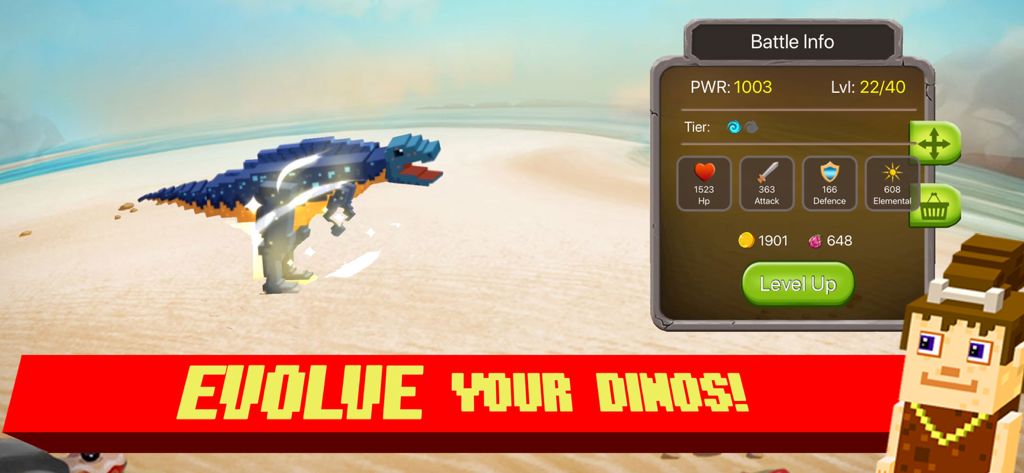 A pixelated blue and orange dinosaur on a beach with a battle info stats overlay and level up button.