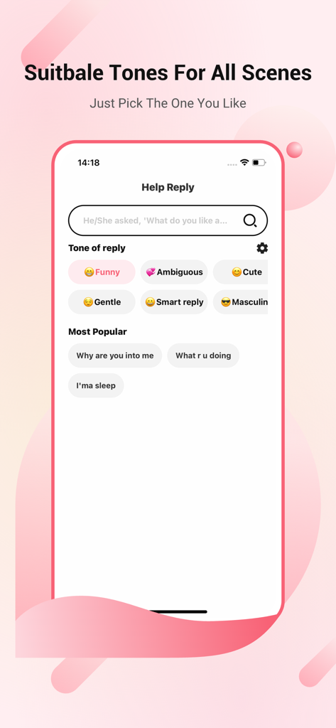 LoveAssist App-Bildschirm mit verschiedenen Antworttönen für Dating-Nachrichten.