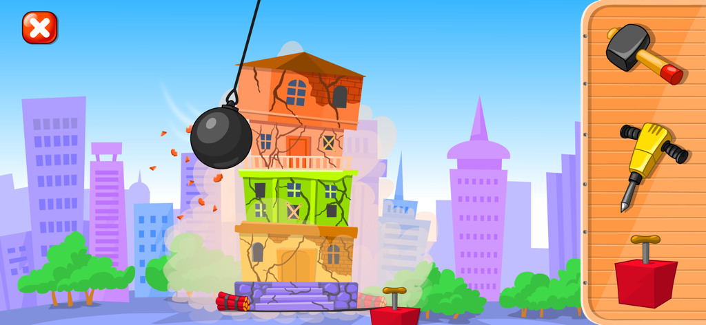 Builder Game - Craft & Paint - 街の解体ミニゲームで、ひびの入ったアパートに当たる鉄球。