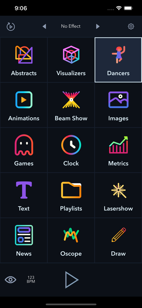 LaserOS - LaserOS app interface displaying a grid of laser effect categories for live performances