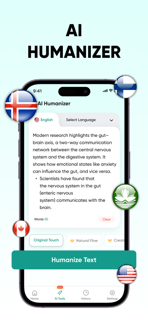 Plagiarism Checker | Detect AI - Mobile interface of the AI Humanizer feature for converting AI-generated text into human-like content.