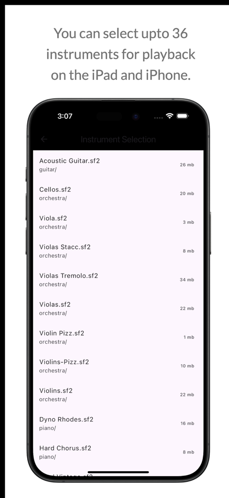Grid Music Midi Player - Tela de seleção de instrumentos no aplicativo Grid Music Midi Player mostrando uma lista de instrumentos soundfont para reprodução.