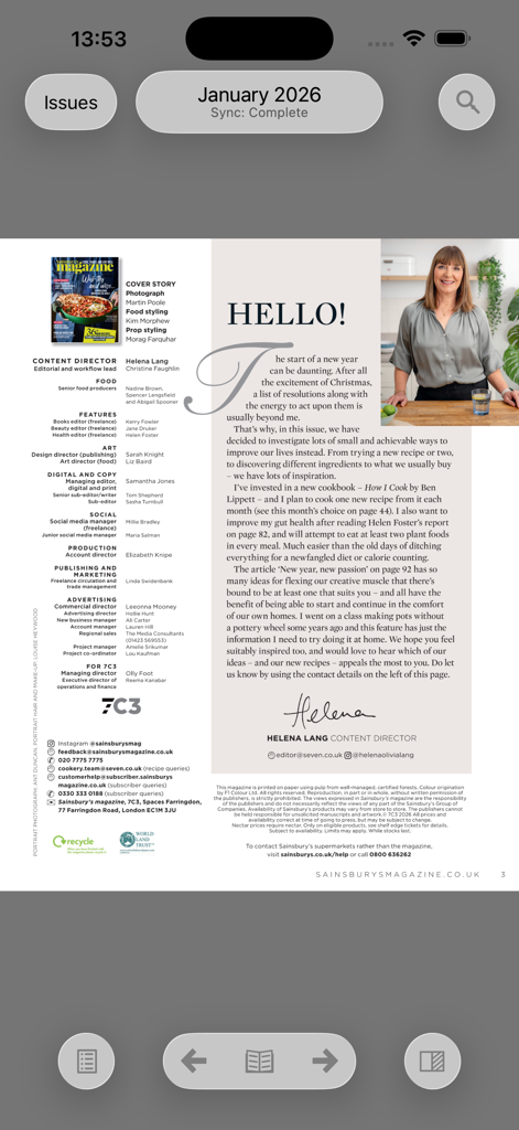 Sainsbury's Magazine - Página de boas-vindas editorial do aplicativo Sainsbury's Magazine mostrando a carta do editor e os créditos da equipe.