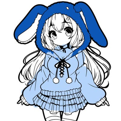 pretty anime girl wearing a fluffy hoodie with bunny ears on the hood and a skirt