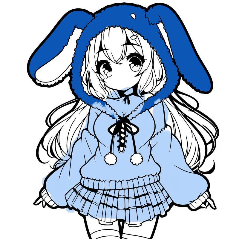 pretty anime girl wearing a fluffy hoodie with bunny ears on the hood and a skirt