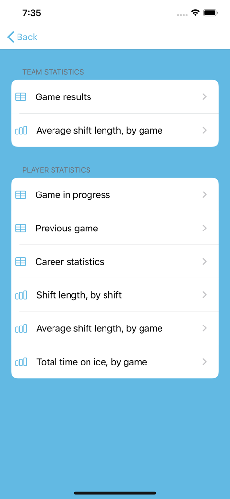 Hockey Time - Menu of team and player statistics in the Hockey Time app including shift length and game results.