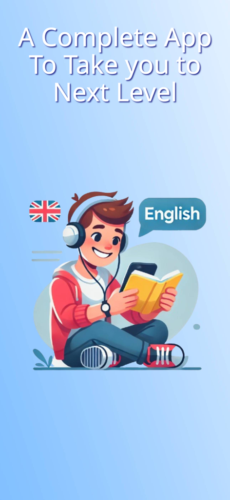Illustration of a student wearing headphones reading a book and using a phone to learn English