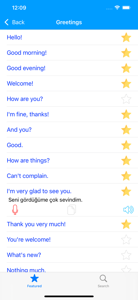 Oberfläche der Learn Turkish Language Offline App, die eine Liste gängiger Begrüßungen und deren Übersetzungen zeigt.