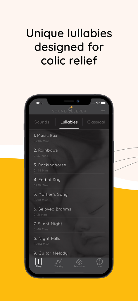 Sound Sleeper Baby White Noise - Sound Sleeper app interface showing a list of unique lullabies designed for baby colic relief