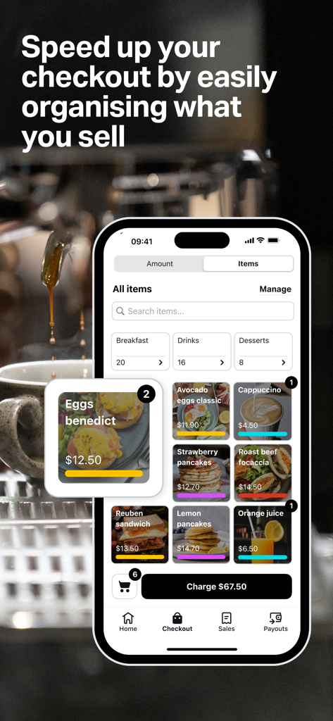 SumUp mobile app point of sale interface showing a breakfast menu item catalog