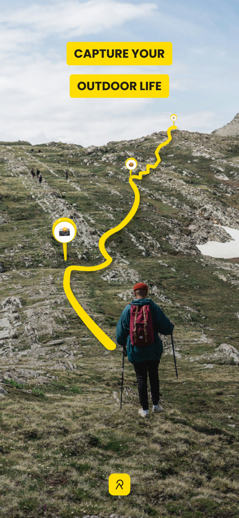 Relive: Hike & Ride Memories - Uma pessoa a caminhar num trilho de montanha com uma sobreposição de caminho amarelo que mostra marcadores de acompanhamento de atividade