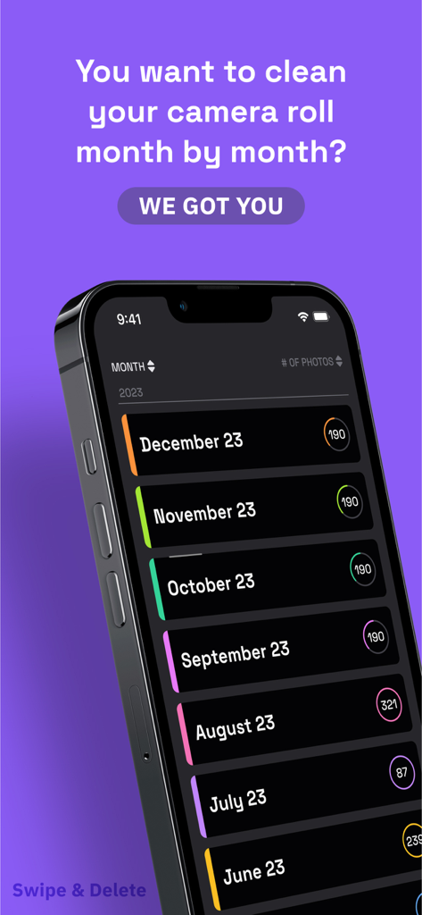 Swipe Delete: Photo Declutter - Pantalla del iPhone mostrando la galería de fotos organizada por mes con recuentos de fotos para facilitar la eliminación