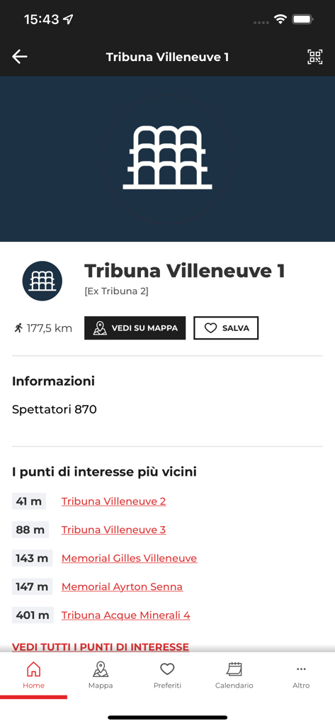 Detalles de la grada y puntos de interés cercanos en la aplicación móvil del Circuito de Imola