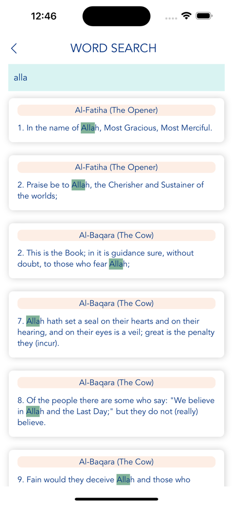 Word search screen showing results for the word Allah in the Holy Quran Yusuf app