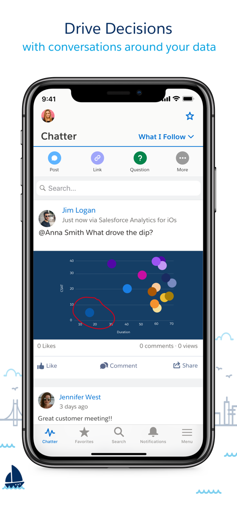 Tela do iPhone mostrando o feed Chatter do Salesforce CRM Analytics com um gráfico de dados e comentários colaborativos de negócios.
