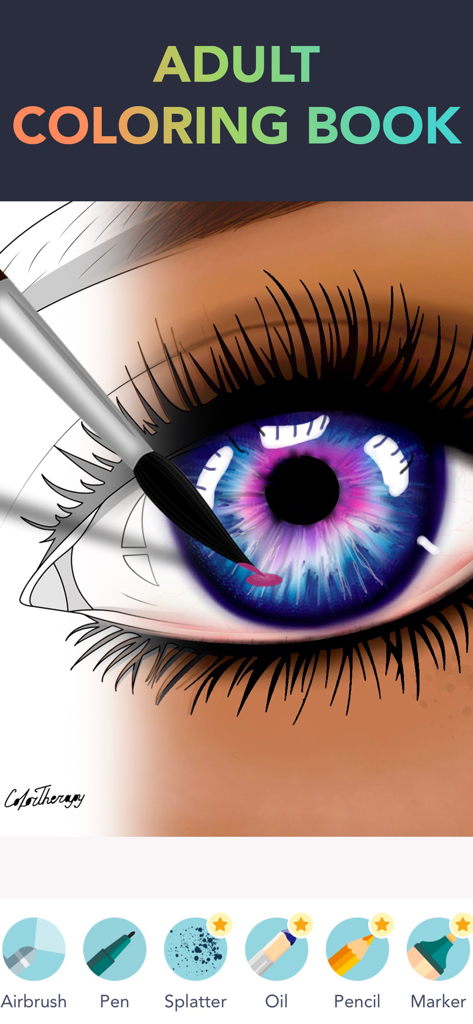 App-Oberfläche eines Malbuchs für Erwachsene, die eine detaillierte Augenillustration zeigt, die mit digitalen Pinseln ausgemalt wird.