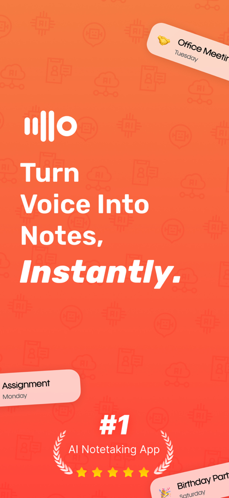 Screenshot der note.ai App mit dem Slogan Turn Voice Into Notes Instantly und dem Spitzenplatz im Bereich KI-Notizen