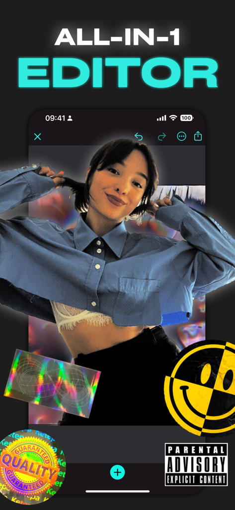 aesthetic photo editor - R4VE - R4VE app interface showing a photo being edited with aesthetic stickers like a glitchy smiley face and parental advisory label