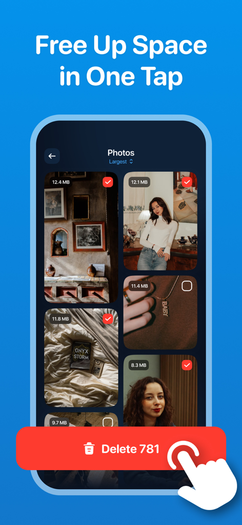 Swipe and Delete app showing a one tap delete feature to free up phone storage