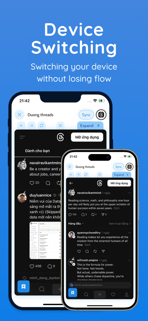 Zentab - Clone App Multi Login - Dos smartphones demostrando la función de cambio de dispositivo de la aplicación Zentab para mantener el flujo de trabajo en diferentes pantallas.