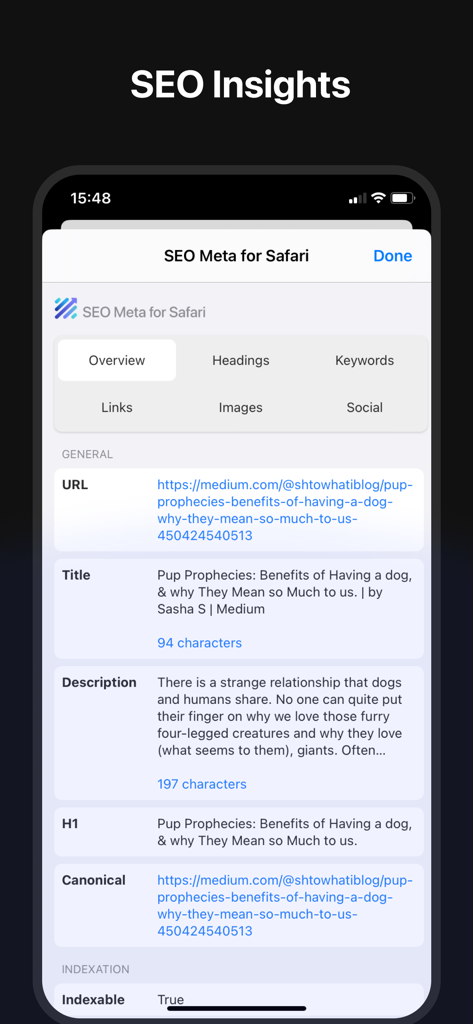 SEO Meta for Safari app screenshot on iPhone showing a webpage overview with title description and H1 tag analysis