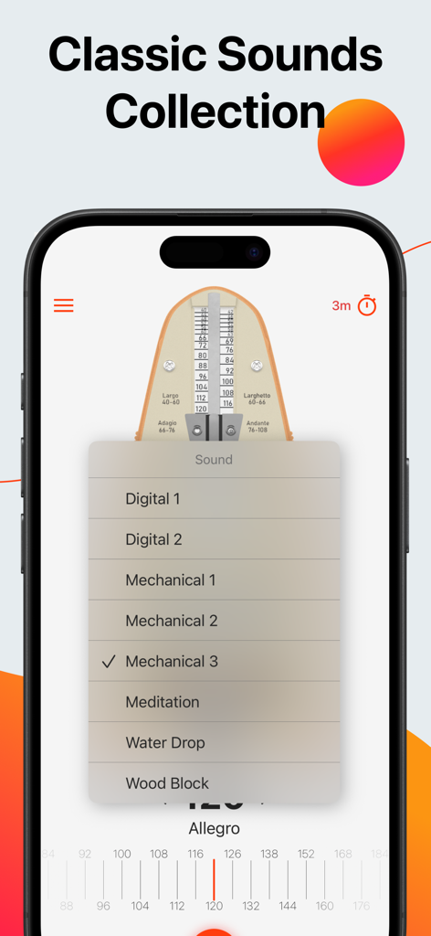 Metronome Beats: Pulse & Tempo - Metronom Beats App-Oberfläche mit einer Liste klassischer und Meditations-Soundoptionen über einem Vintage-Metronom-Design.