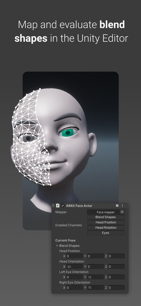 Unity Face Capture - Unity Face Capture interface showing blend shape mapping for a 3D character