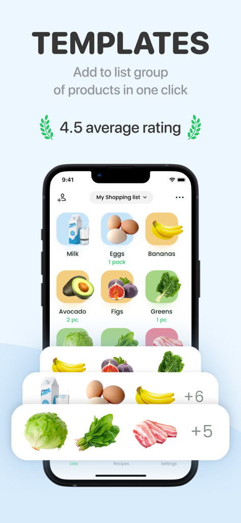 Pantalla de la aplicación ToBuy que muestra plantillas de listas de la compra para añadir grupos de artículos en un solo clic.