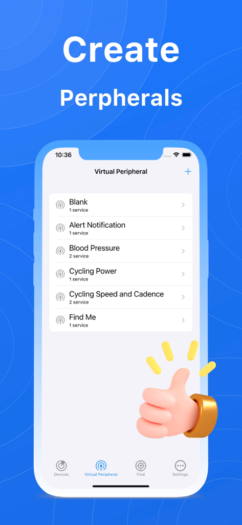 BlueTools Bluetooth Assistant - Mobile interface for creating virtual Bluetooth peripherals with options like Alert Notification and Blood Pressure
