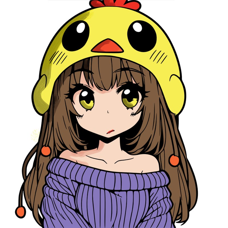 anime girl with chick shaped hat with sweater with bare shoulders with bangs covering them one eye with low tail