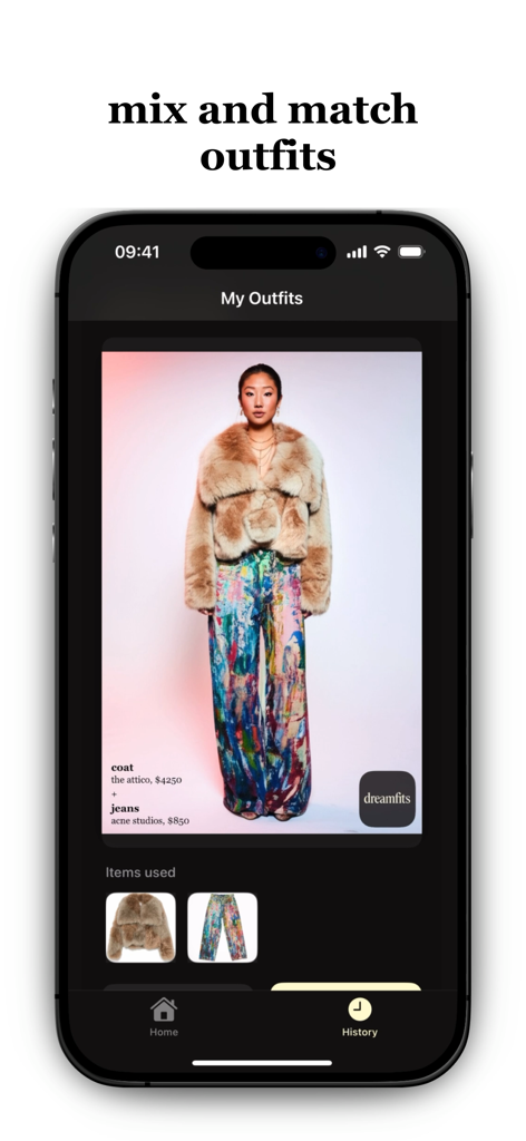 dreamfits: try on any clothes - A screenshot of the dreamfits app showing a virtual outfit combination of a luxury fur coat and colorful jeans.