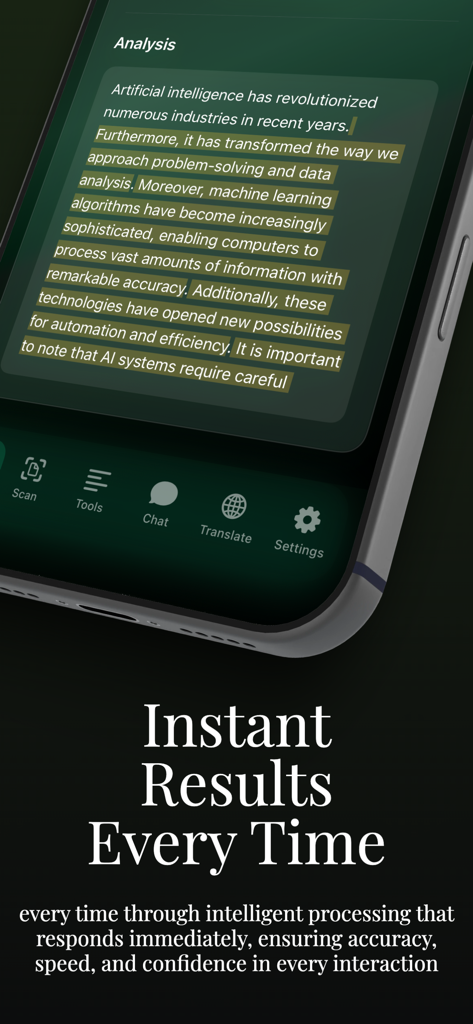 GPTzero AI humanize Detector - Mobile app screen showing AI text analysis with highlighted sentences and instant results text