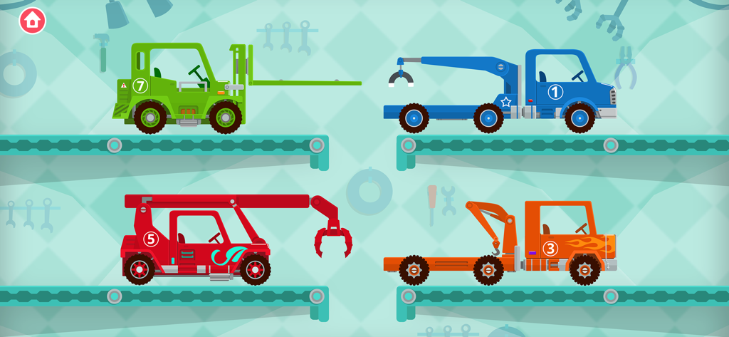 Vier bunte Rettungswagen, darunter ein Gabelstapler und ein Kran, auf grünen Schienen in einem Fahrzeugauswahlmenü.