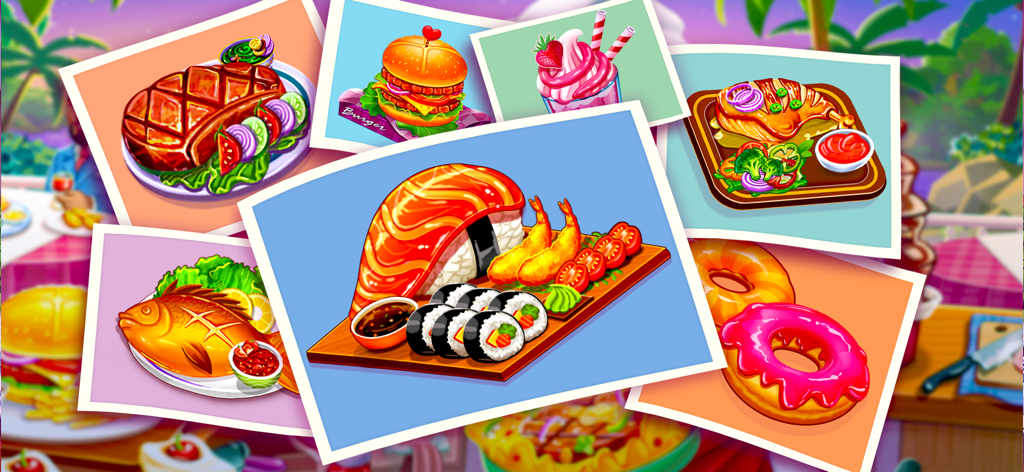A collage of photos showcasing different cuisines like sushi burgers and donuts in a cooking game