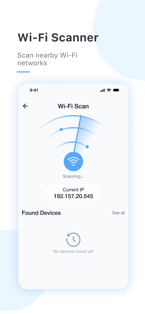 Yi iot + - Interface of the Yi iot app displaying the Wi-Fi network scanner feature to detect nearby electronic devices for privacy protection.