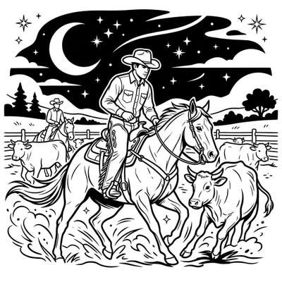 Immerse yourself in the action of a Western cutting competition under a dramatic night sky. This dynamic coloring page features skilled cowboys expertly separating cattle beneath a brilliant crescent moon and twinkling stars.