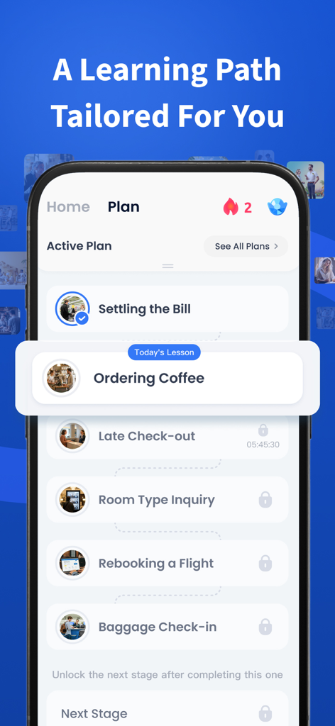 Personalisierter Lernpfad in der TalkMe App, der verschiedene reale Gesprächsszenarien zeigt