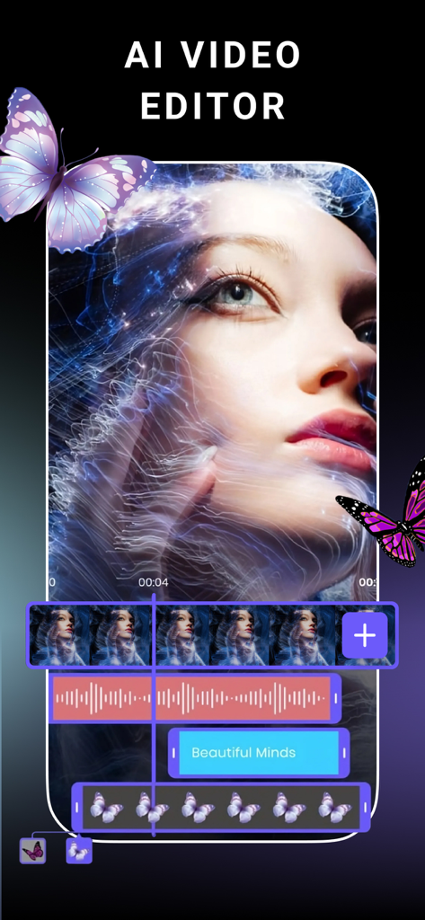 Interface of the StoryZ AI video editor app showing a multi-layer timeline with video frames, audio waveforms, and artistic portrait editing.
