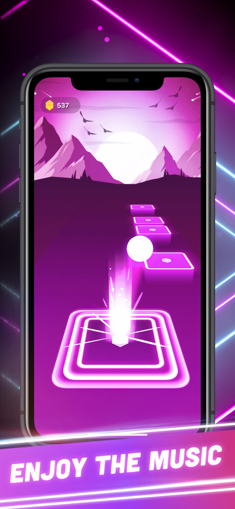 Beat Tiles 3D: Music Game - Una bola blanca saltando sobre fichas de neón moradas brillantes en un juego de ritmo musical