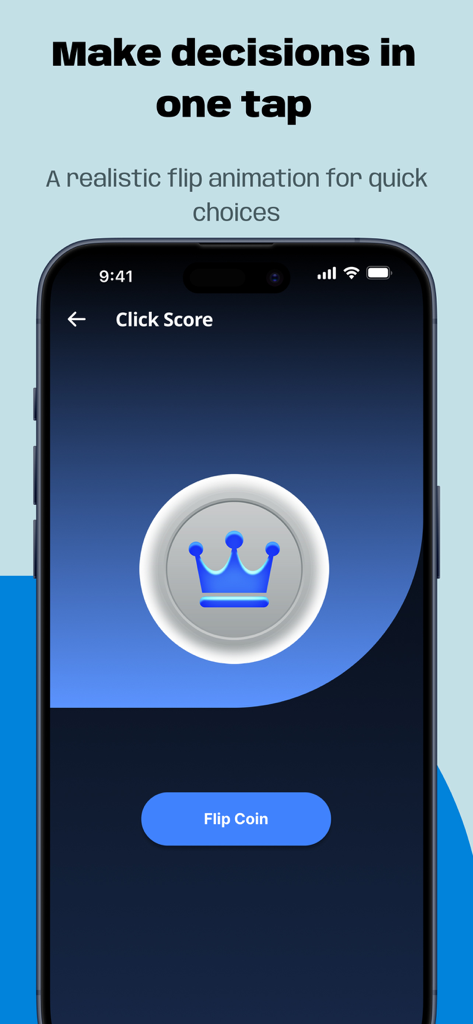Tự động click : Tự động bấm - Interfaz de smartphone que muestra una herramienta de lanzamiento de moneda para tomar decisiones rápidas.