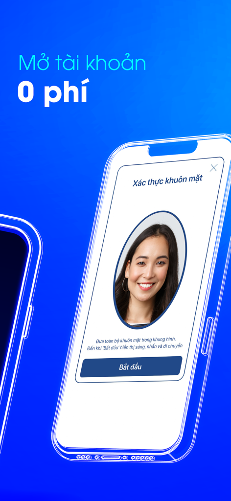 digimi - Ngân hàng số - Smartphone screen showing face verification for opening a free Digimi digital bank account.