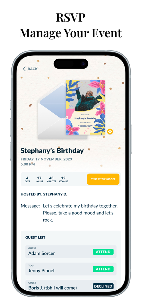 Invitation Maker Wedding Cards - Mobile app screen showing RSVP tracking and guest list management for a birthday event