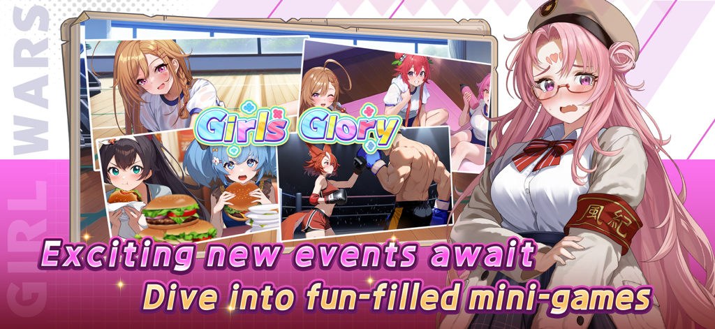 Girl Wars - Anime girls participating in various mini games including boxing and eating burgers in Girl Wars