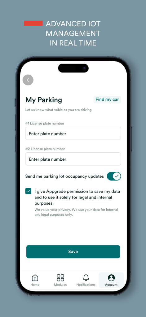Appgrade by ServicesApp - Appgrade mobile app interface for real-time IoT parking management and vehicle registration