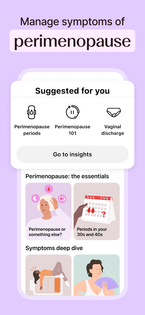 Flo app interface for managing perimenopause symptoms including articles and cycle insights for women in their 30s and 40s.